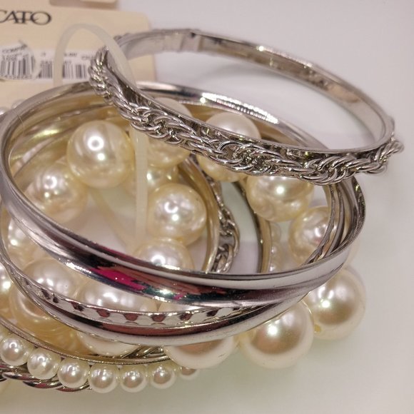 Cato Silver Tone Bangle and Faux Pearl Stretch Bracelets Set Of 8 NWT - Picture 6 of 11